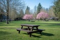 Empty picnic table inviting visitors to relax in peaceful park