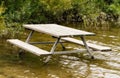 Empty picnic table in water by plants Royalty Free Stock Photo