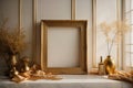 The empty picture frame is adorned with intricate golden silk threads, adding a touch of elegance and sophistication to the Royalty Free Stock Photo