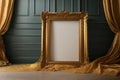 The empty picture frame is adorned with intricate golden silk threads, adding a touch of elegance and sophistication to the Royalty Free Stock Photo