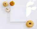 Empty picture frame with autumn pumpkin decor in white interior. Thanksgiving minimal flat lay composition. Cozy clean home