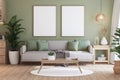Empty picture frame for copy space on the pastel green wall In a modern contemporary style living room 3d render Royalty Free Stock Photo