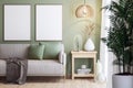 Empty picture frame for copy space on the pastel green wall In a vintage style living room 3d render Royalty Free Stock Photo