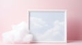 empty picture frame set against a solid background with the backdrop of serene white clouds.