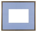 Empty picture frame in a simple modern gold finish with a blue mount