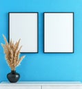 Empty Picture Frames On Light Blue Wall With Dried Royalty Free Stock Photo