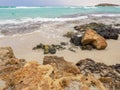 Beautiful Nissi beach with rolling sea with waves on a cloudy murky day in Ayia Napa, Cyprus Royalty Free Stock Photo