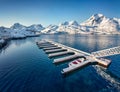 Empty pier on small fishing port - Ramberg, Lofoten Islands, Norway, Europe Royalty Free Stock Photo