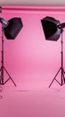 An empty pink background in a modern photo studio with lighting equipment and a camera