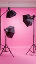 An empty pink background in a modern photo studio with lighting equipment and a camera