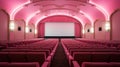 Empty pink cinema hall. View of empty cinema screen with rpink chairs. Royalty Free Stock Photo