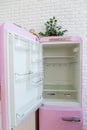 Empty pink fridge, inside view. Refrigerator with glassy shelfs, food storage Royalty Free Stock Photo