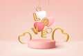 Empty pink product podium scene with pink and white heart shape balloons and gold word love balloons. Design concept for