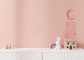 Empty pink wall. Mock up kids room interior in contemporary style. Close up view. Free, copy space for your picture or