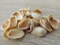 Empty pistachio shells on pile close up