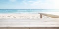 Empty plank white wood table top with blur blue sky and sea bokeh background. Generative AI