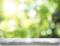 Empty plank white wood table top with blur green tree bokeh back Royalty Free Stock Photo