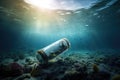 An empty plastic bottle floats in seawater contamination of the sea with waste. Generative ai Royalty Free Stock Photo