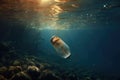 An empty plastic bottle floats in seawater contamination of the sea with waste. Generative ai Royalty Free Stock Photo