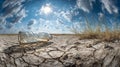 Empty plastic bottle lying on cracked dry earth under a bright sun and partly cloudy blue sky with sparse dry grass in a barren Royalty Free Stock Photo