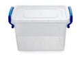 Empty plastic container, storage box, lunch box with a blue handles, isolated on a white background Royalty Free Stock Photo