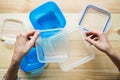 Empty plastic food storage containers. the concept of long-term storage of products. Royalty Free Stock Photo