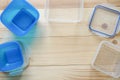 Empty plastic food storage containers. the concept of long-term storage of products. Royalty Free Stock Photo