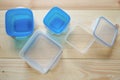 Empty plastic food storage containers. the concept of long-term storage of products. Royalty Free Stock Photo