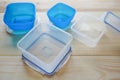 Empty plastic food storage containers. the concept of long-term storage of products. Royalty Free Stock Photo
