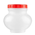 Empty plastic jar with a red cap on a white background Royalty Free Stock Photo