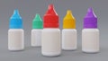 Empty plastic medicine containers with blank label. Colorful plastic tiny bottles.