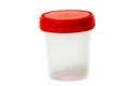 empty plastic urine jar isolated on red background. close up Royalty Free Stock Photo