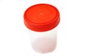 empty plastic urine jar isolated on red background. close up Royalty Free Stock Photo