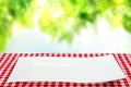 Empty plate background. Empty white plate on table with red napkin or tablecloth over abstract natural summer background. Template Royalty Free Stock Photo