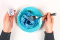 Empty plate with blue measure tape. Diet food concept. Weight loss concept Royalty Free Stock Photo