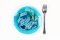 Empty plate with blue measure tape. Diet food concept. Weight loss concept Royalty Free Stock Photo