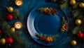 Empty plate, Christmas tree branch, holiday decor background winter merry table