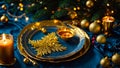 Empty plate, Christmas tree branch, holiday festive background winter merry new