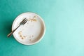 Empty plate with crumbs after eating on a green background. The concept of the end of the holiday or celebration. Nearby