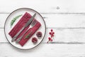 Empty plate with cutlery and napkin on a old wooden white background. Christmas table setting. Top view, flat lay Royalty Free Stock Photo