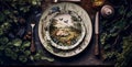 Empty plate flatlay, English country cottage style table setting with plate decorated with countryside landscape, plants