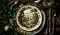 Empty plate flatlay, English country cottage style table setting with plate decorated with countryside landscape, plants