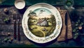 Empty plate flatlay, English country cottage style table setting with plate decorated with countryside landscape, plants