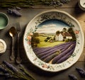 Empty plate flatlay, English country cottage style table setting with plate decorated with countryside landscape, plants