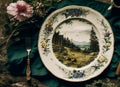 Empty plate flatlay, English country cottage style table setting with plate decorated with countryside landscape, plants
