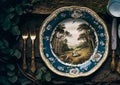 Empty plate flatlay, English country cottage style table setting with plate decorated with countryside landscape, plants