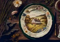 Empty plate flatlay, English country cottage style table setting with plate decorated with countryside landscape, plants