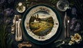 Empty plate flatlay, English country cottage style table setting with plate decorated with countryside landscape, plants