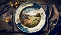 Empty plate flatlay, English country cottage style table setting with plate decorated with countryside landscape, plants