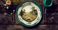 Empty plate flatlay, English country cottage style table setting with plate decorated with countryside landscape, plants